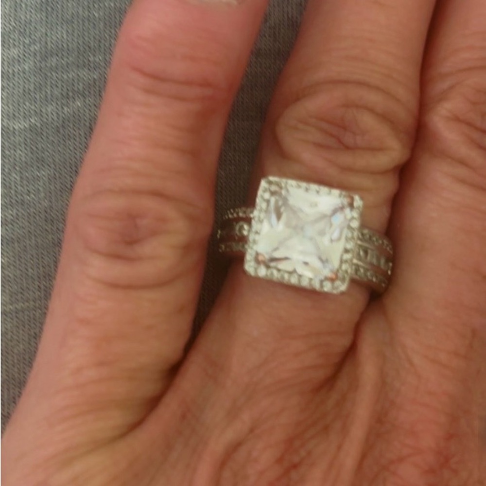 Silver-Tone Square CZ Statement Ring - White